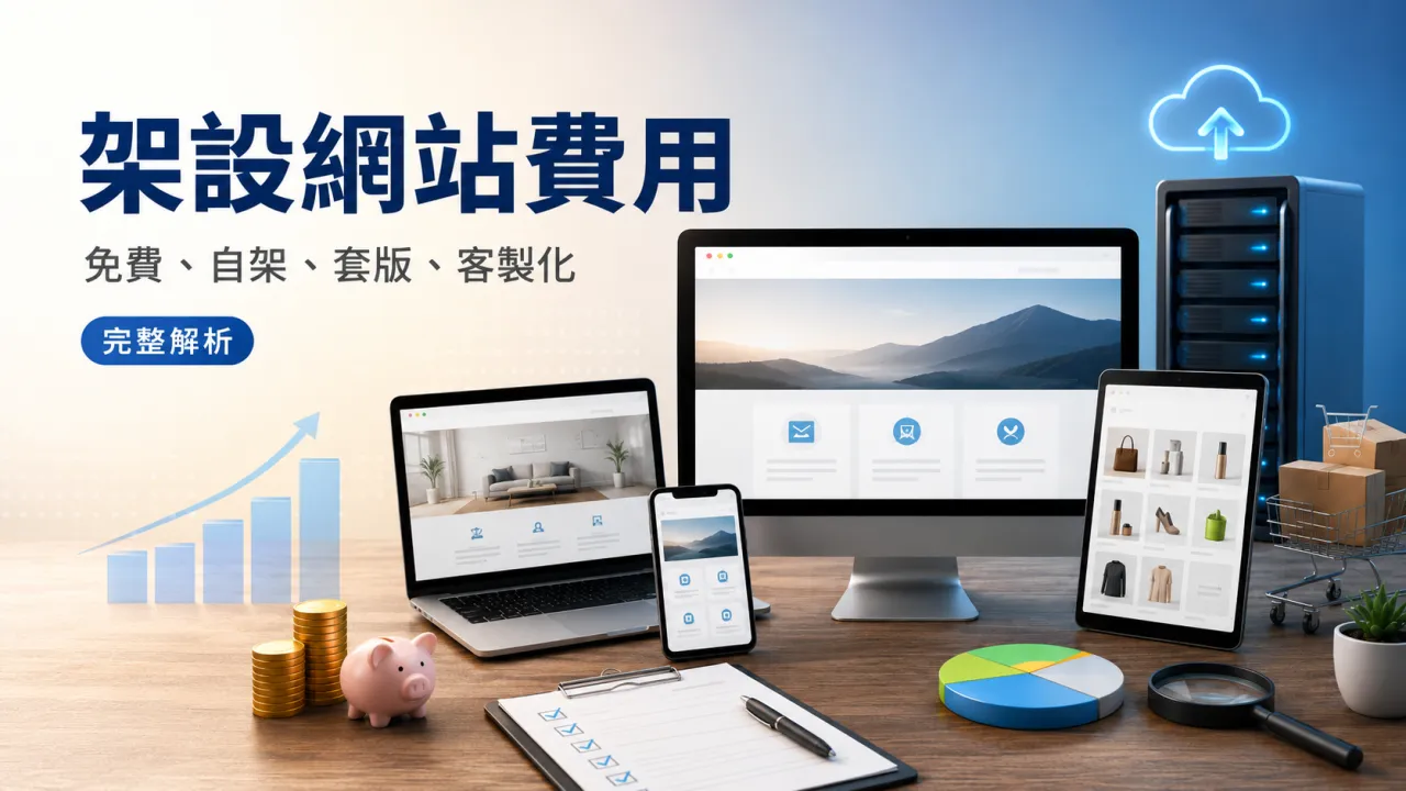架設網站費用完整解析示意圖，呈現自架網站、套版網站、客製化網站、主機維護與電商網站成本比較