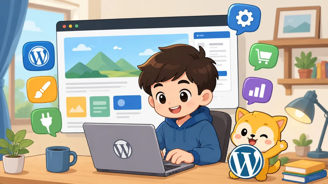 新手使用 WordPress 建立網站，畫面中有網站編輯介面、外掛、購物與數據分析等功能圖示，呈現 WordPress 架站與內容管理的使用情境。