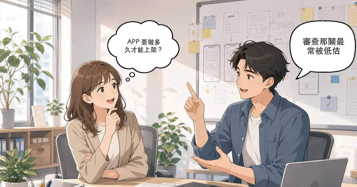APP 開發流程：企業窗口詢問開發到上架要多久，工程師說明審查關卡