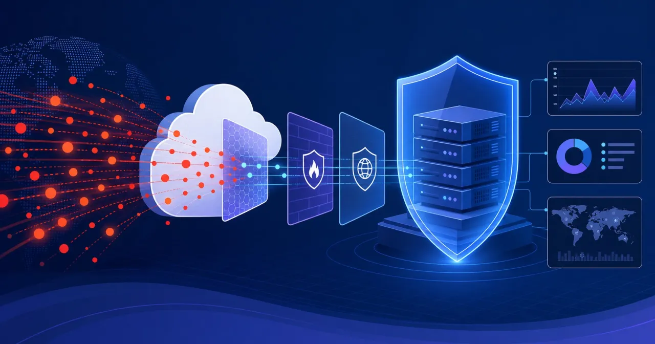 DDoS 攻擊流量被雲端防護層過濾並保護伺服器