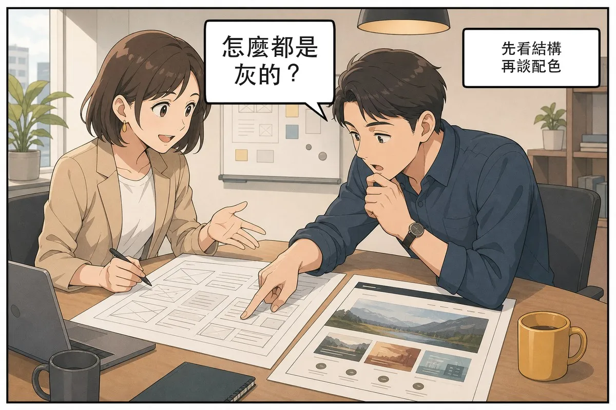 設計師與企業窗口在會議桌前比對線框圖與視覺稿