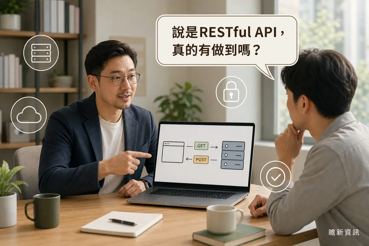 男子在辦公室指著筆電螢幕上的GET與POST請求流程圖，向對面的男子解說；聽者手托下巴若有所思，上方對話框寫著「說是RESTful API，真的有做到嗎？」
