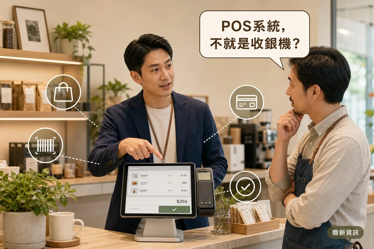 男子站在咖啡店櫃檯旁指著平板式POS結帳畫面，向對面的店家老闆解說；老闆手托下巴專注聆聽，上方對話框寫著「POS系統，不就是收銀機？」