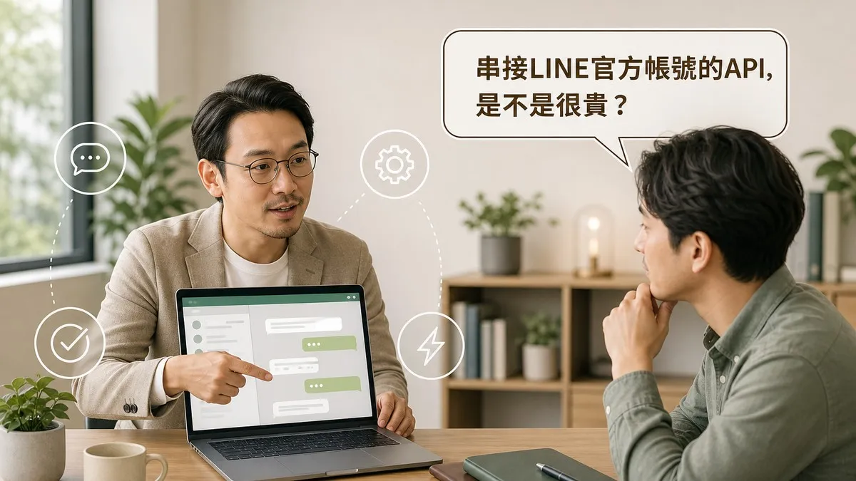工程師指著筆電螢幕上的LINE對話框圖示向客戶說明API串接，畫面上方有讀者提問氣泡寫著串接LINE官方帳號的API是不是很貴，四周有訊息氣泡、齒輪、勾選、閃電四個白色描邊小圖示