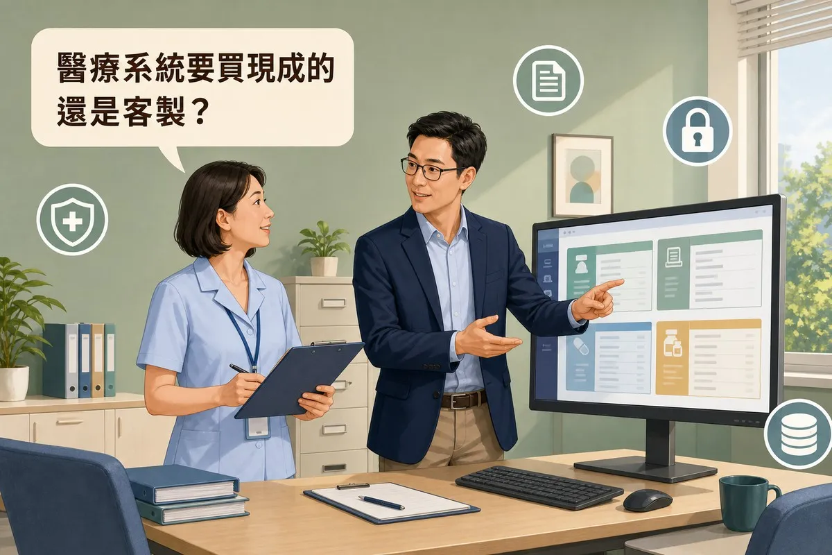 明亮的醫療行政辦公室裡，左邊一位穿淺藍制服、拿著板夾的院所行政人員，看向右邊穿深藍西裝外套的軟體顧問，顧問正指著一台顯示模組化系統面板的螢幕。畫面左上有一個對話框，尾端指向提問的行政人員，寫著「醫療系統要買現成的還是客製？」牆面有盾牌、文件、鎖頭、資料庫四個白色圓形小圖示。