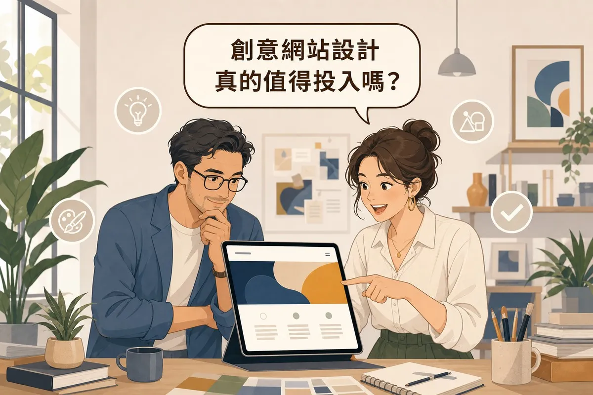插畫風格的設計工作室業主與顧問在明亮工作室討論創意網站設計，一人手指向平板上帶抽象藝術色塊的網站版面，上方對話氣泡寫著「創意網站設計真的值得投入嗎？」，周圍散布燈泡、調色盤、幾何圖形、勾選等圖示