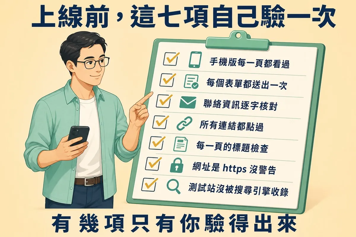 一位穿薄荷綠襯衫、手拿手機的男性指著右側一塊板夾，板夾上有七行已打勾的檢查清單，每行前面有一個小圖示，依序寫著「手機版每一頁都看過」「每個表單都送出一次」「聯絡資訊逐字核對」「所有連結都點過」「每一頁的標題檢查」「網址是 https 沒警告」「測試站沒被搜尋引擎收錄」。上方標題寫「上線前，這七項自己驗一次」，下方結論寫「有幾項只有你驗得出來」。