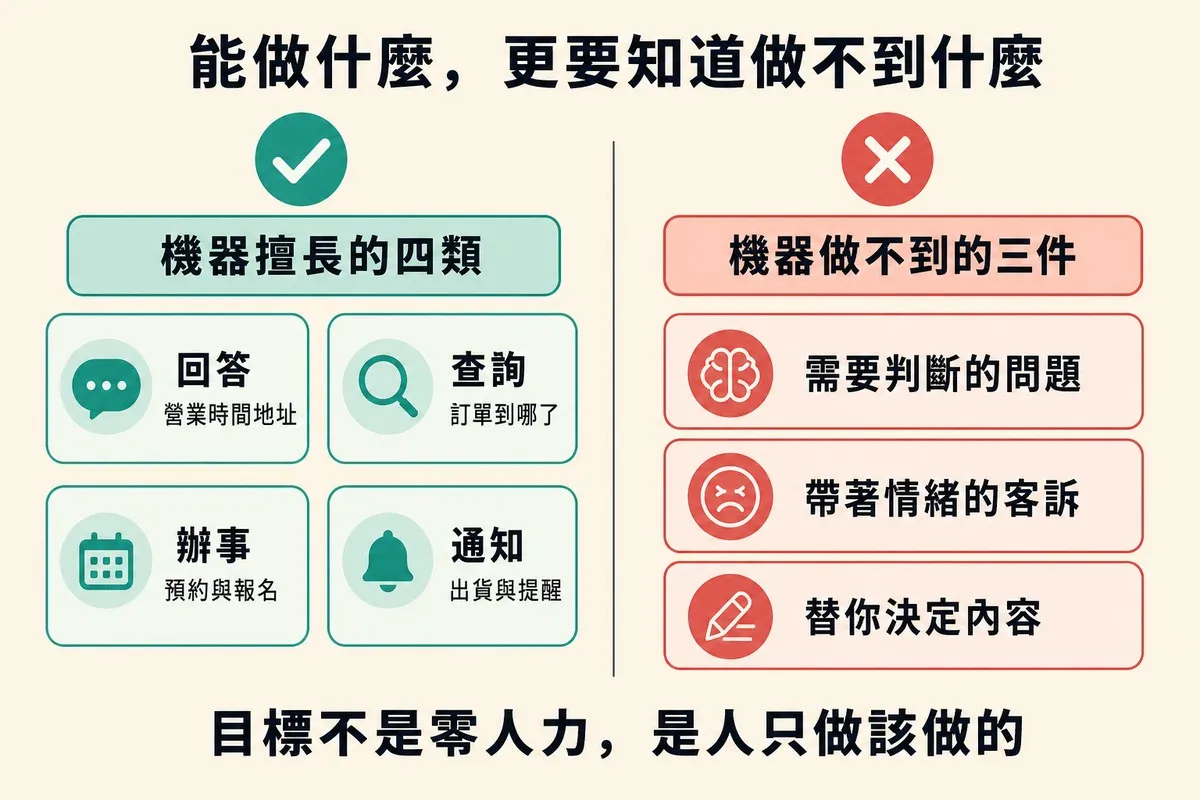 左右分區的對照圖，中間有垂直分隔線。左區綠色勾號，標題「機器擅長的四類」，四張小卡分別是回答／營業時間地址、查詢／訂單到哪了、辦事／預約與報名、通知／出貨與提醒；右區紅色叉號，標題「機器做不到的三件」，三行條列為需要判斷的問題、帶著情緒的客訴、替你決定內容。底部寫「目標不是零人力，是人只做該做的」。