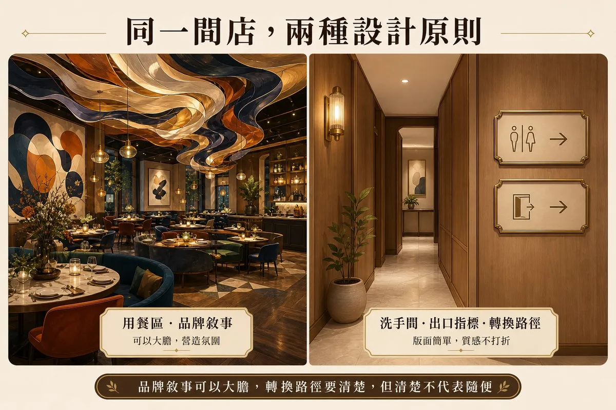 插畫風格的同一間餐廳兩區對照，左側是華麗藝術裝置的用餐區，右側是同樣質感但版面簡潔的走廊，精緻黃銅框標示牌指向洗手間與出口