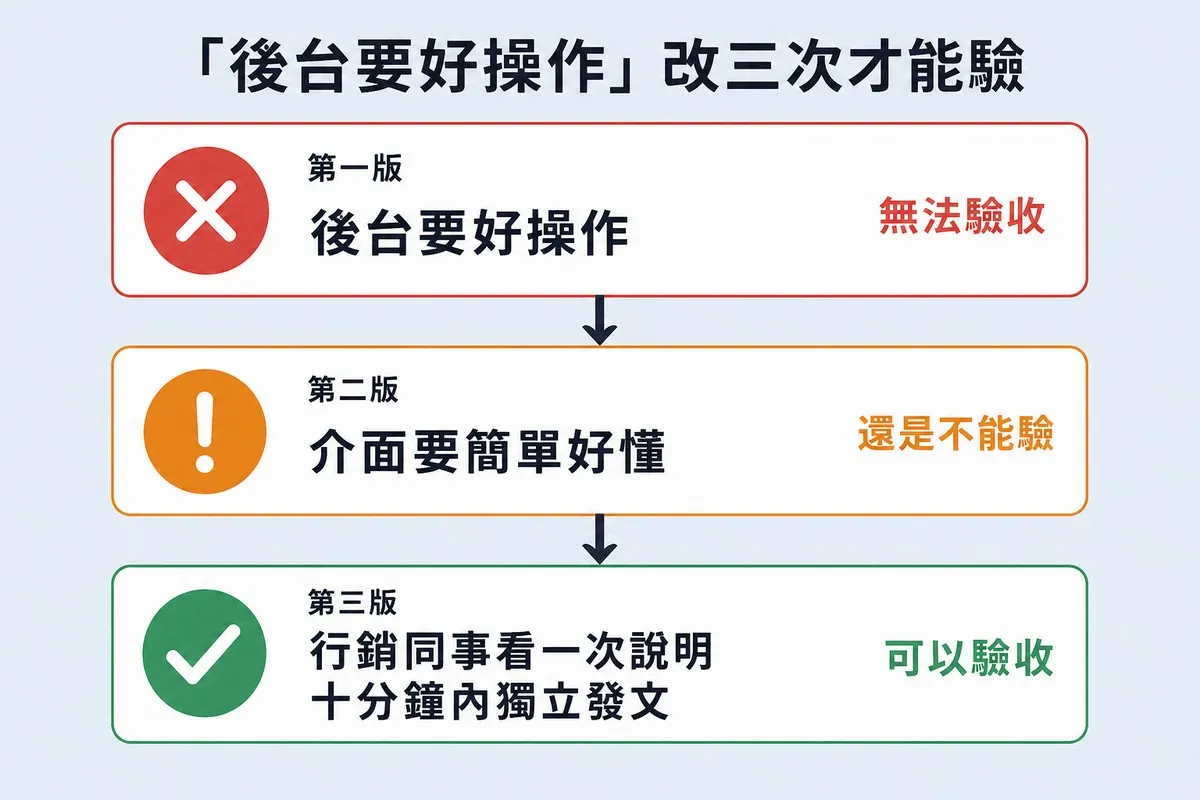 三張由上而下、以箭頭連接的卡片。第一張紅色叉號標「第一版：後台要好操作」，右側評語「無法驗收」；第二張橘色驚嘆號標「第二版：介面要簡單好懂」，評語「還是不能驗」；第三張綠色勾號標「第三版：行銷同事看一次說明、十分鐘內獨立發文」，評語「可以驗收」。