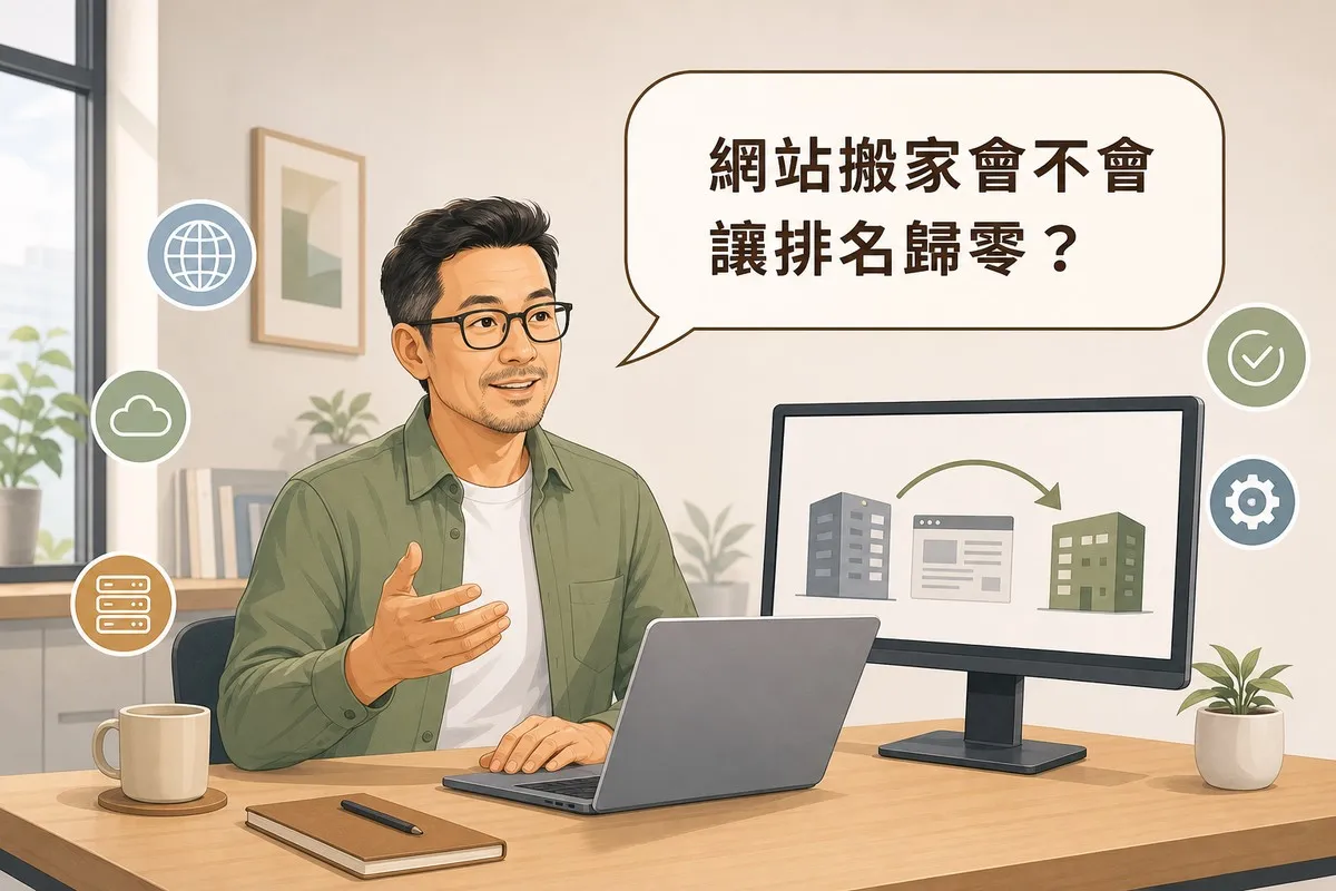 一位穿鼠尾草綠襯衫的男性顧問坐在書桌前使用筆電，螢幕顯示一棟灰色建築物透過箭頭轉移到綠色建築物的示意圖，上方有一個讀者提問對話框寫著「網站搬家會不會讓排名歸零？」，周圍點綴地球、雲端、勾選、齒輪、伺服器等白色描邊圖示