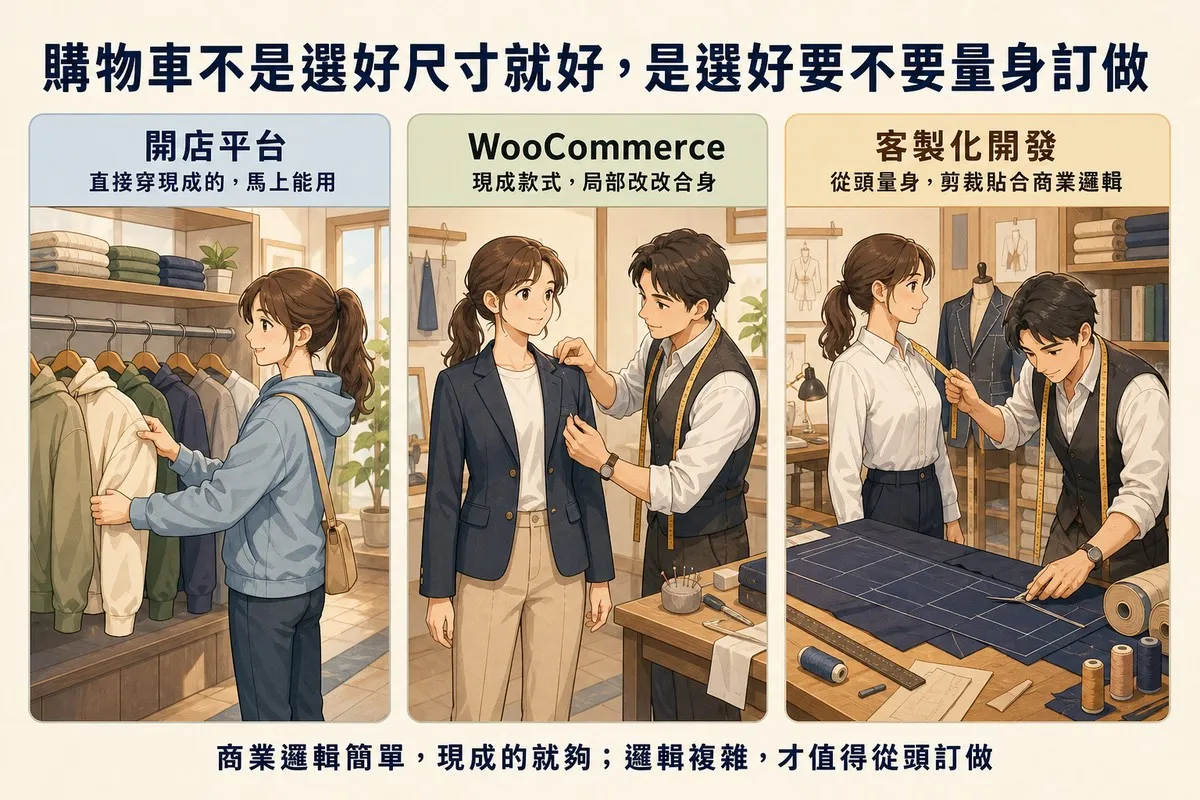 三格對照圖，左邊顧客在成衣架上直接拿現成衣服穿上，中間裁縫師傅正在幫顧客修改現成衣服合身，右邊裁縫師傅在裁布桌上量身剪裁全新布料，比喻購物車架設從開店平台到WooCommerce到客製化開發，客製化程度依序提高