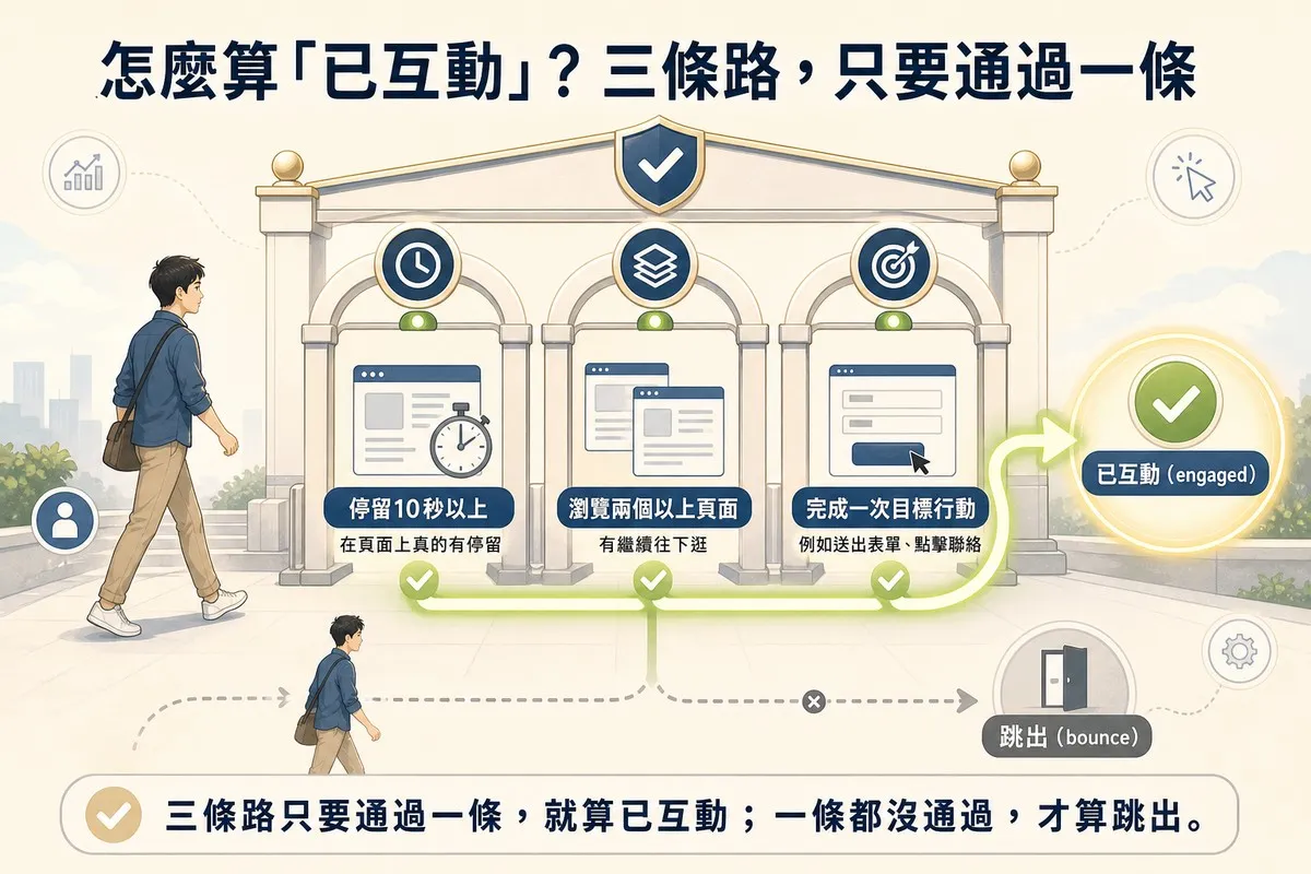 已互動判定示意圖：一位訪客走向三道拱門，分別標示停留10秒以上、瀏覽兩個以上頁面、完成一次目標行動，任一拱門通過都匯入右側已互動的綠色勾選圈；沒有通過任一拱門的訪客則被導向跳出的門