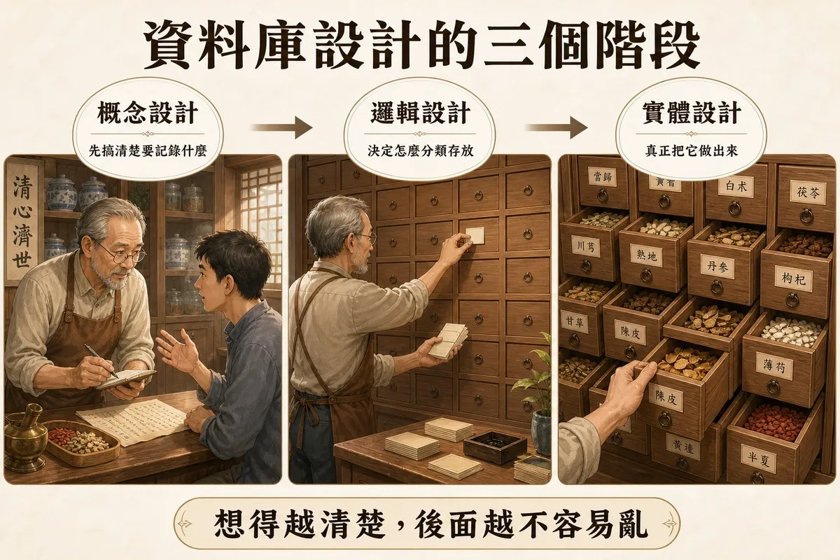 三格連續畫面，中藥行老闆與客人問診對話、在空的百子櫃前貼標籤、以及裝滿藥材貼好標籤的成品百子櫃，對應概念設計、邏輯設計、實體設計三階段