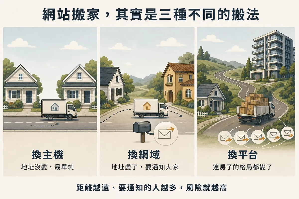 三格插圖：換主機是短距離搬家、換網域要通知轉寄、換平台距離最遠箱子最多
