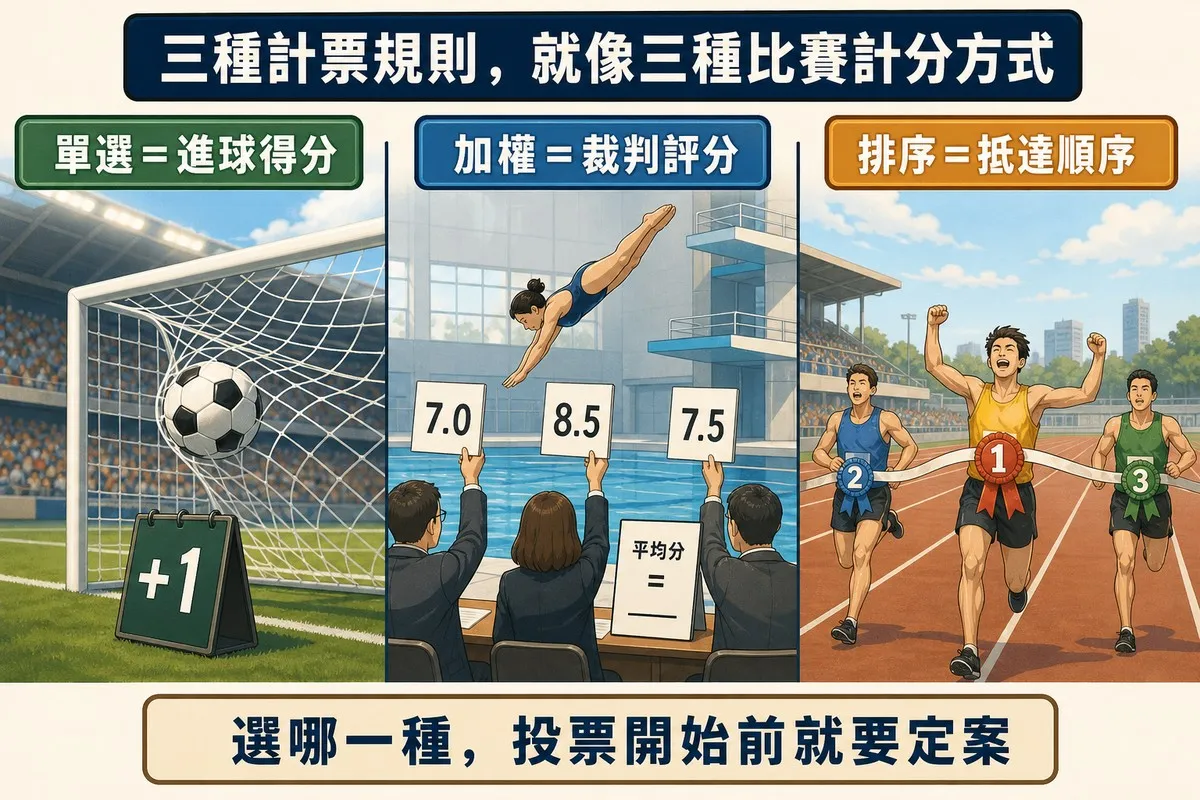 三聯式插圖，左至右分別畫足球進球得一分代表單選、跳水裁判舉分數牌代表加權評分、賽跑終點線依名次頒獎帶代表排序投票