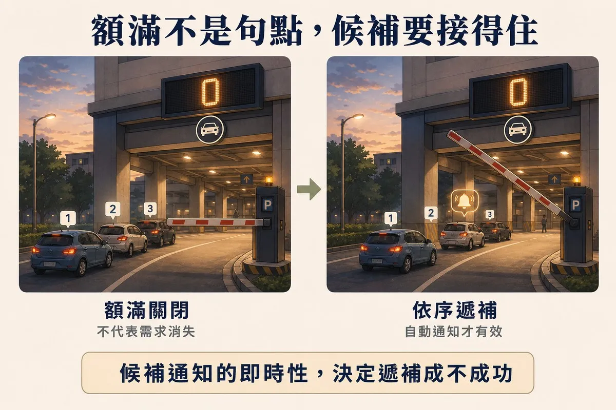解說圖：停車場道閘場景，左格額滿關閉三輛車依序排隊，右格道閘為排頭車輛升起並亮起通知鈴鐺圖示
