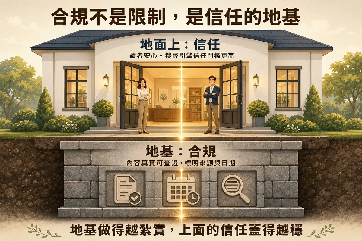 建築物剖面圖，地下地基標示「地基：合規／內容真實可查證・標明來源與日期」；地面上是明亮開放大門的建築，標示「地面上：信任／讀者安心・搜尋引擎信任門檻更高」，底部收斂句「地基做得越紮實，上面的信任蓋得越穩」