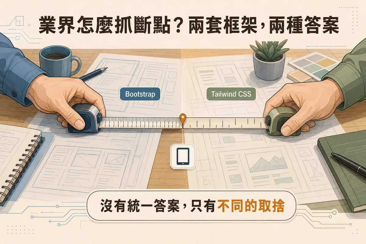兩隻手在桌上各拉開一把捲尺比對，左邊標示Bootstrap、右邊標示Tailwind CSS，中間有一個共同對齊的橘色標記與平板圖示，背景是版面設計草圖