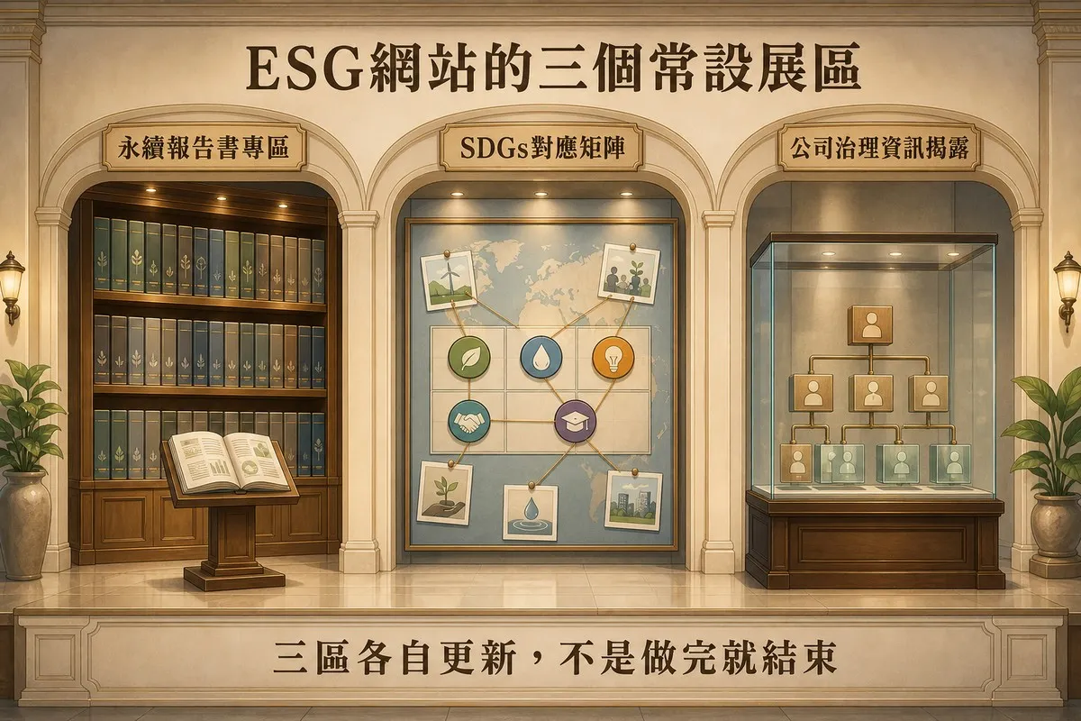 博物館走廊三個展區，左側木質書架陳列歷年永續報告書，中間牆面SDGs圖示矩陣以牽線連到行動照片卡，右側玻璃展示櫃內是公司治理組織圖模型