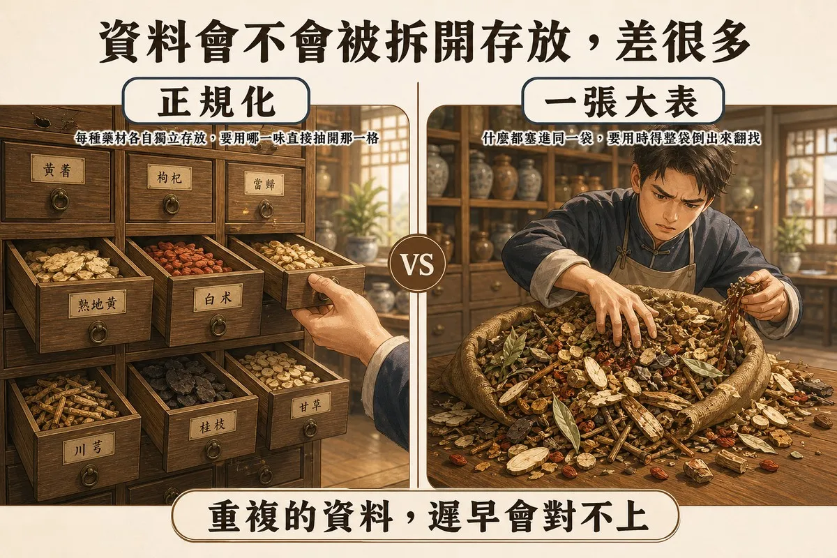 左右對照畫面，左側百子櫃多格抽屜各自獨立存放不同藥材並貼有標籤，右側一個大布袋將所有藥材混雜堆放在一起