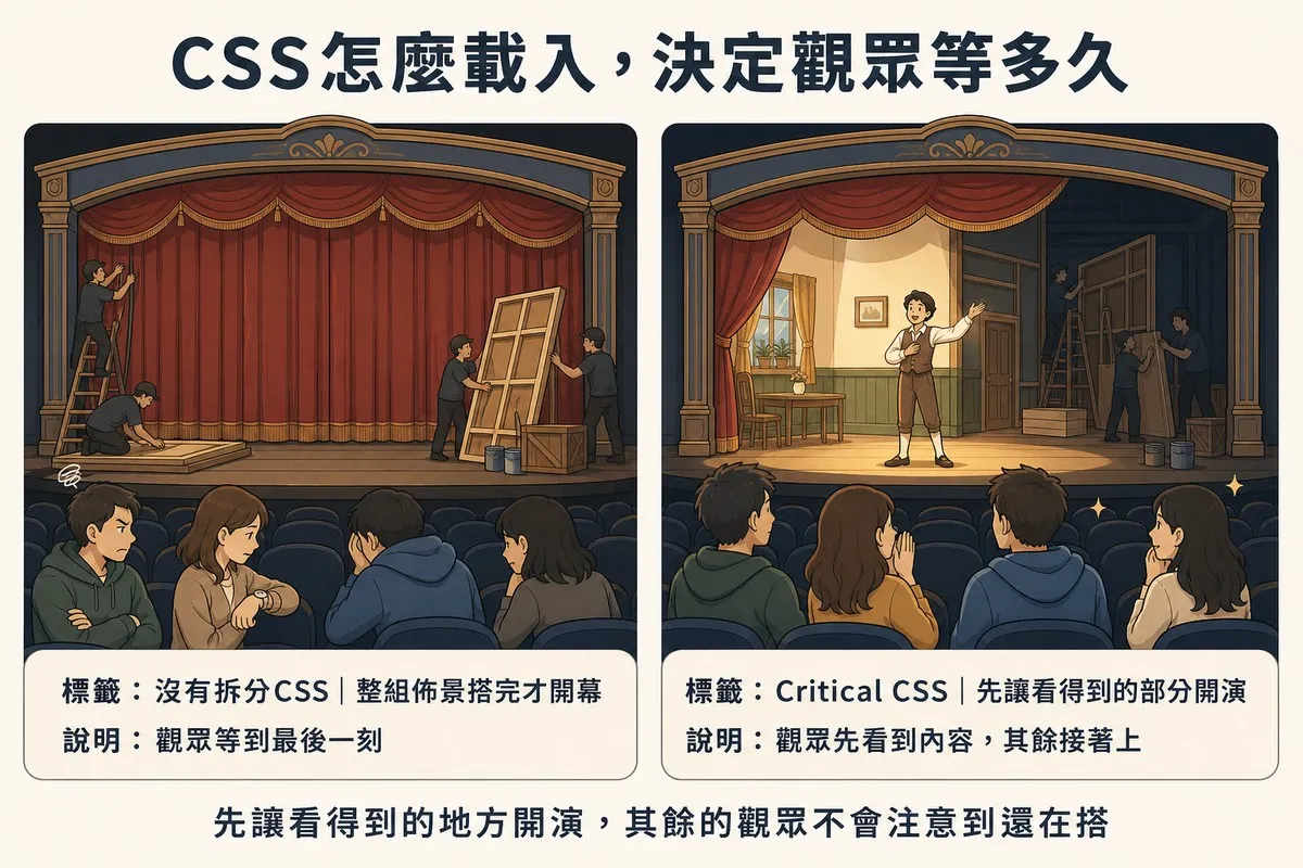 左右對照舞台劇插畫比喻CSS載入方式：左格布幕緊閉、工作人員仍在搭建佈景、觀眾不耐等待，代表沒有拆分CSS整組佈景搭完才開幕；右格舞台前緣已開演、演員登場、觀眾放鬆專注，後方工作人員仍在搭建不被注意，代表Critical CSS先讓看得到的部分開演