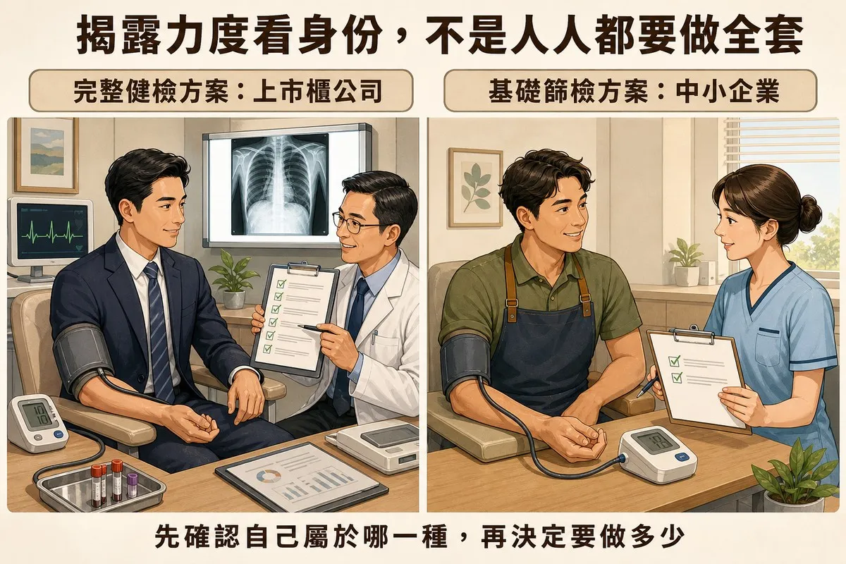 左側西裝男性接受完整健檢，含X光片、抽血檢體與心電圖及多項勾選清單，右側工作服男性接受基礎篩檢，僅量血壓與簡短問卷