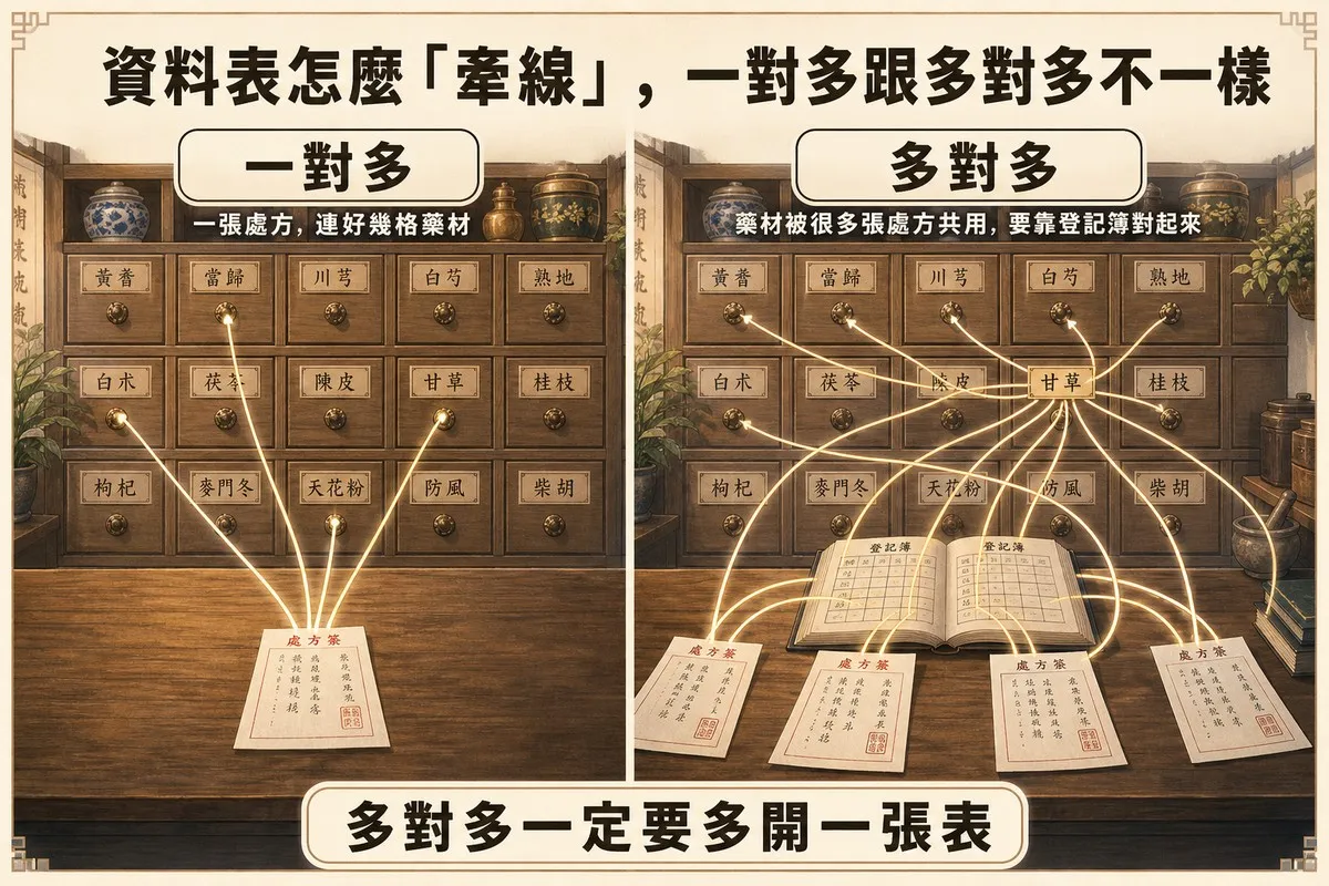 左右對照畫面，左側一張處方箋以細線連到好幾格藥材抽屜示意一對多關聯，右側多張處方箋透過中間的登記簿交錯連到共用的藥材抽屜示意多對多關聯