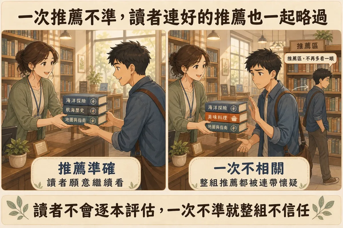 圖書館雙格對照插畫：左格館員遞出三本同系列書籍給讀者、讀者微笑接受；右格書堆中混入一本明顯不同類型的書，讀者皺眉伸手推拒，背景另一位讀者經過推薦區書架卻不再張望