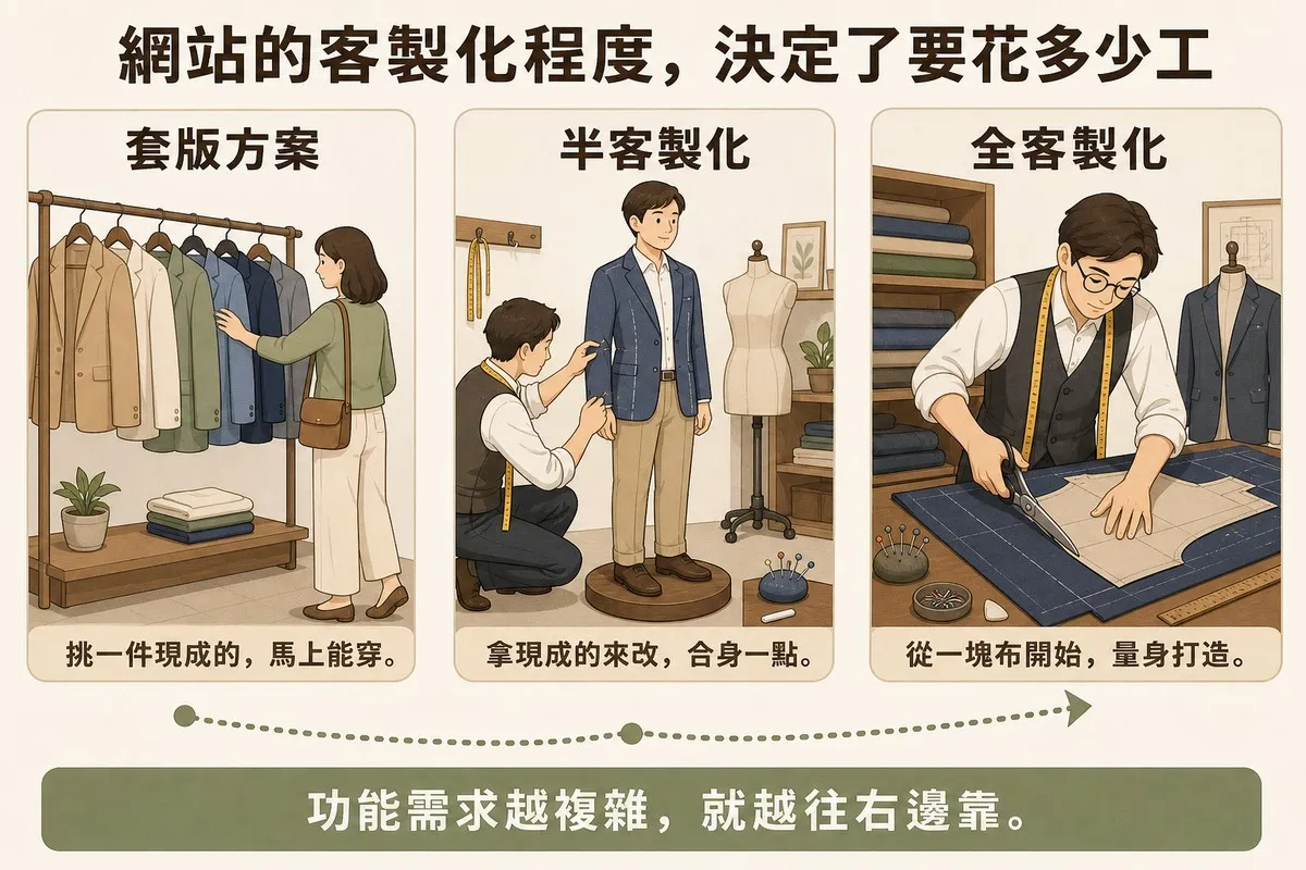 三格漸進圖，第一格顧客在成衣架挑選現成西裝標示『套版方案』；第二格裁縫師替顧客修改現成西裝標示『半客製化』；第三格裁縫師在裁布桌上剪裁新布料標示『全客製化』，三格之間有虛線箭頭連接