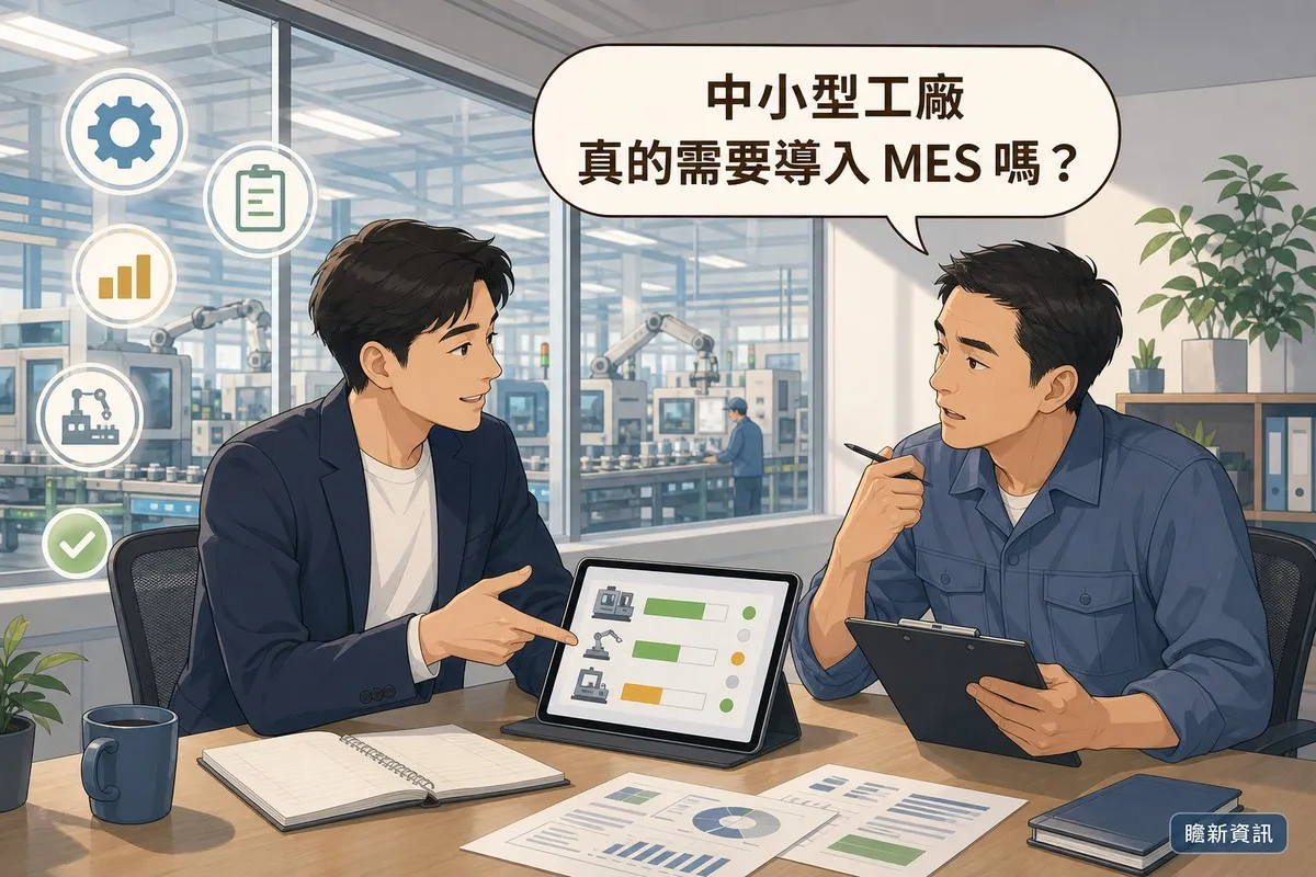 插畫：顧問向工廠業主說明平板上的生產監控畫面，讀者提問氣泡寫著中小型工廠真的需要導入MES嗎