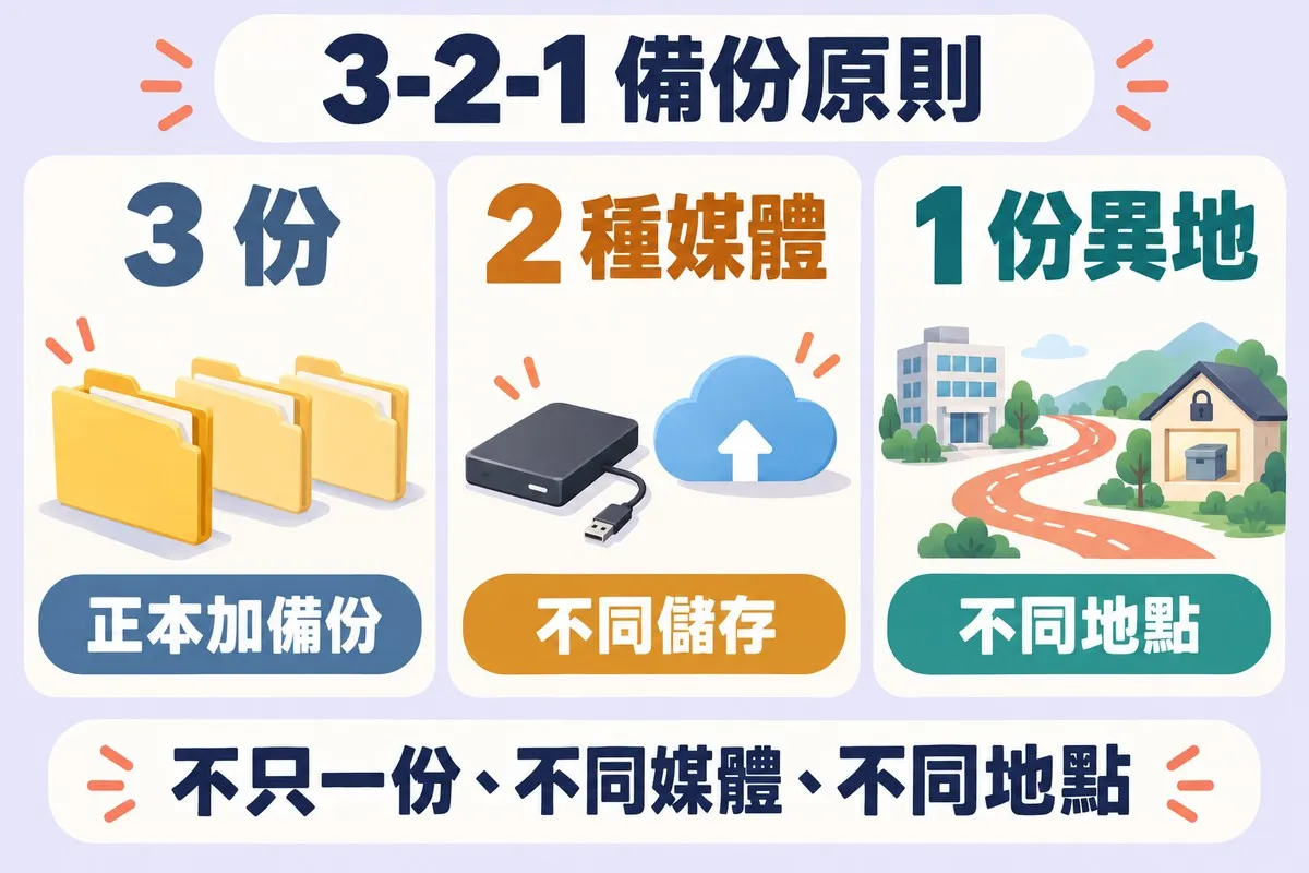 三張卡片：三個相同的資料夾標示 3 份、正本加備份，外接硬碟與雲標示 2 種媒體、不同儲存，隔著一條路的兩棟建築標示 1 份異地、不同地點