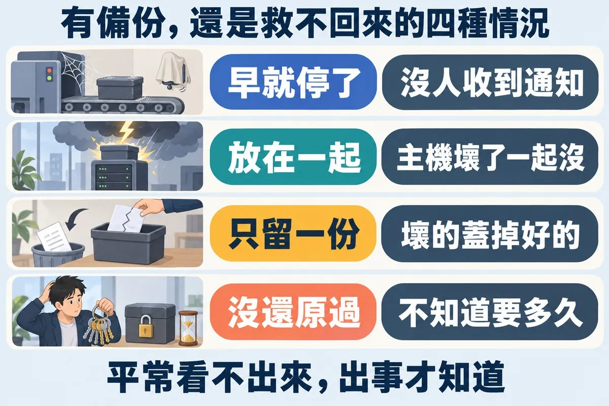 四列備份失效的情況：停擺的輸送帶標示早就停了，疊在主機上被雷打中的盒子標示放在一起，被新的蓋掉舊的盒子標示只留一份，上鎖的盒子與一串鑰匙標示沒還原過
