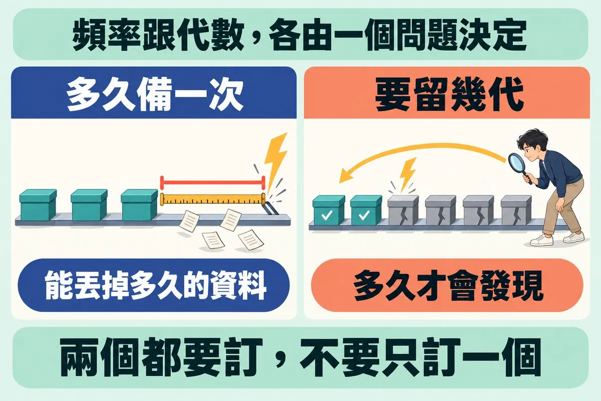 兩個面板：左邊最後一個備份盒到閃電的空白用捲尺量著，標示多久備一次、能丟掉多久的資料；右邊閃電之後的盒子都裂了，箭頭指回完好的盒子，標示要留幾代、多久才會發現