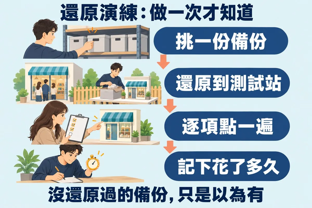 四個步驟：從架上抽出一個備份盒標示挑一份備份，在圍籬另一邊搭出同樣的店面標示還原到測試站，拿檢查表逐一點過標示逐項點一遍，按碼表做紀錄標示記下花了多久