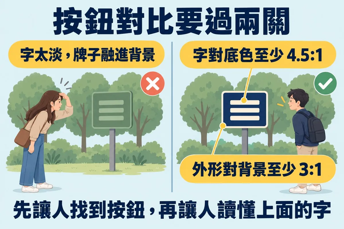 左右兩格都是綠樹前立著一塊路牌：左邊的牌子顏色跟樹幾乎一樣、牌面上的字也很淡，背著包包的女生把手遮在額頭上往前探，旁邊打叉，標示字太淡，牌子融進背景；右邊的牌子是深藍底配米白色的字與邊框，背背包的男生看著它，旁邊打勾，上下兩個標註分別指著牌面的字與牌子邊緣，寫著字對底色至少 4.5:1、外形對背景至少 3:1