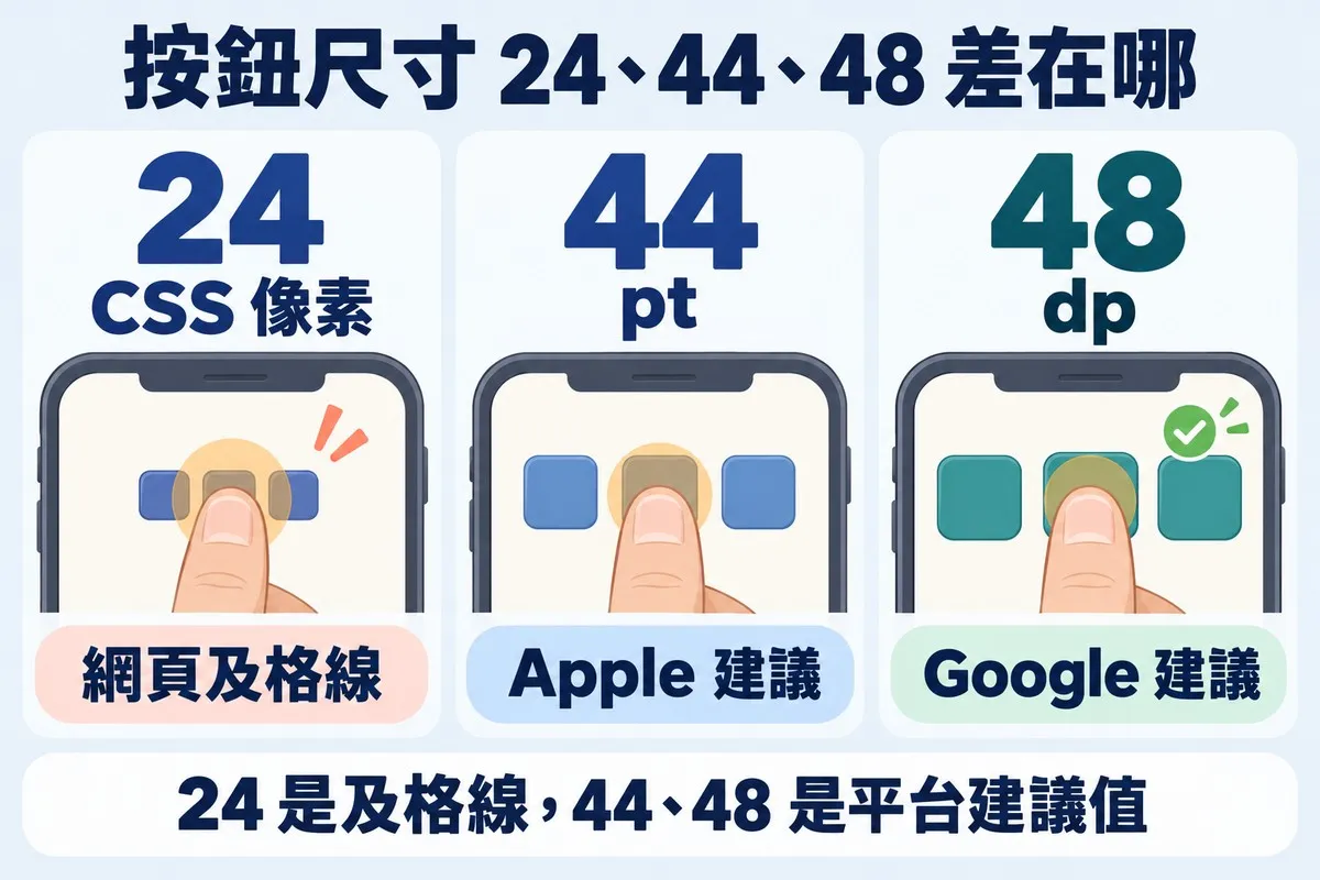 由左到右三格，同一根拇指各按手機上一排三顆方形按鈕的中間那顆，指腹碰到的範圍用琥珀色圓圈標出：第一格標示 24 CSS 像素、網頁及格線，按鈕很小，圓圈蓋到左右兩顆；第二格標示 44 pt、Apple 建議，按鈕跟圓圈差不多大；第三格標示 48 dp、Google 建議，按鈕更大且彼此有間隔；底部寫著 24 是及格線，44、48 是平台建議值