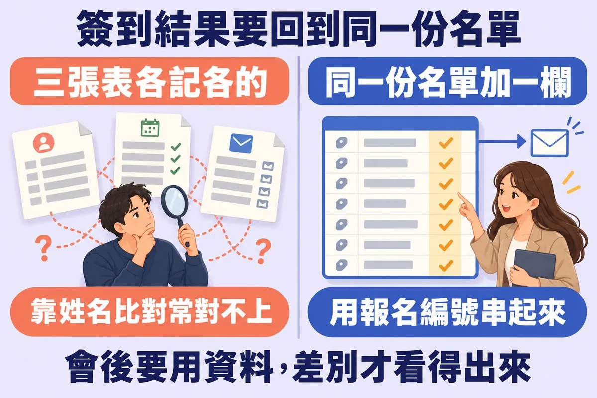 左右對照：左邊三張表分開擺著，一個人拿放大鏡想把它們對起來，虛線纏在一起、旁邊有兩個問號，標示三張表各記各的、靠姓名比對常對不上；右邊只有一張名單，每列前面有同樣的標籤，多出一欄黃色的打勾欄，箭頭從名單連到一封信，標示同一份名單加一欄、用報名編號串起來