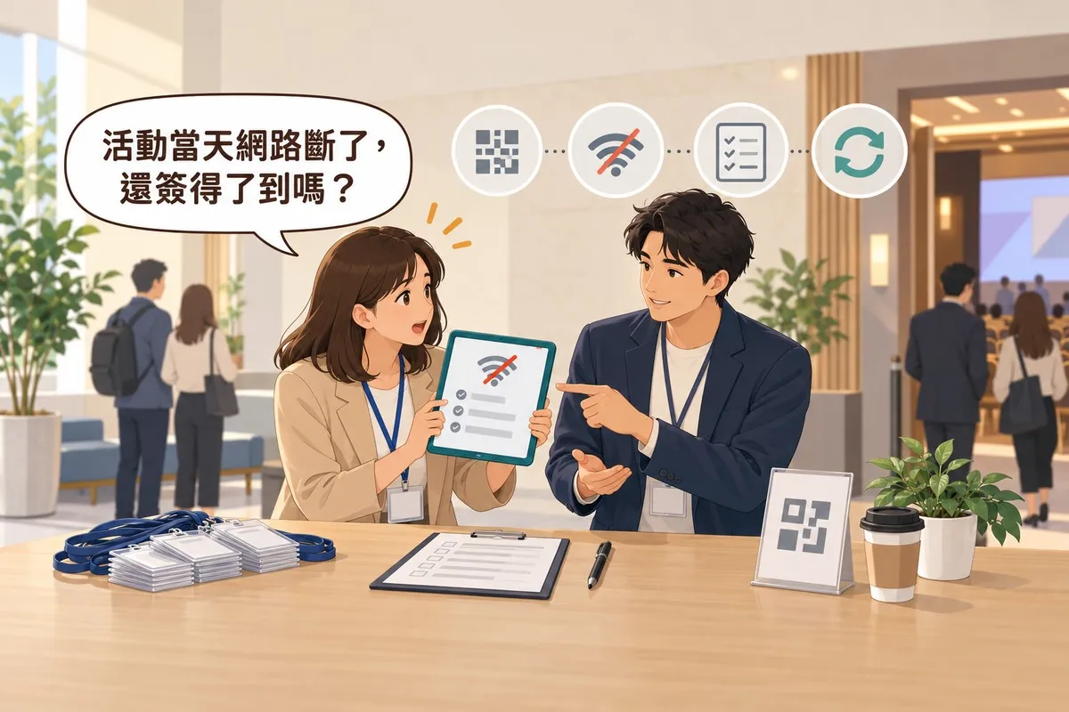 會場的報到桌後，穿米色外套的女主辦人員舉著平板發問，平板上是劃掉的網路符號和打勾的名單；穿深藍西裝外套的男顧問指著平板說明；桌上有一疊名牌、紙本名單的板夾和畫著方塊碼的立牌；對話框寫著「活動當天網路斷了，還簽得了到嗎？」