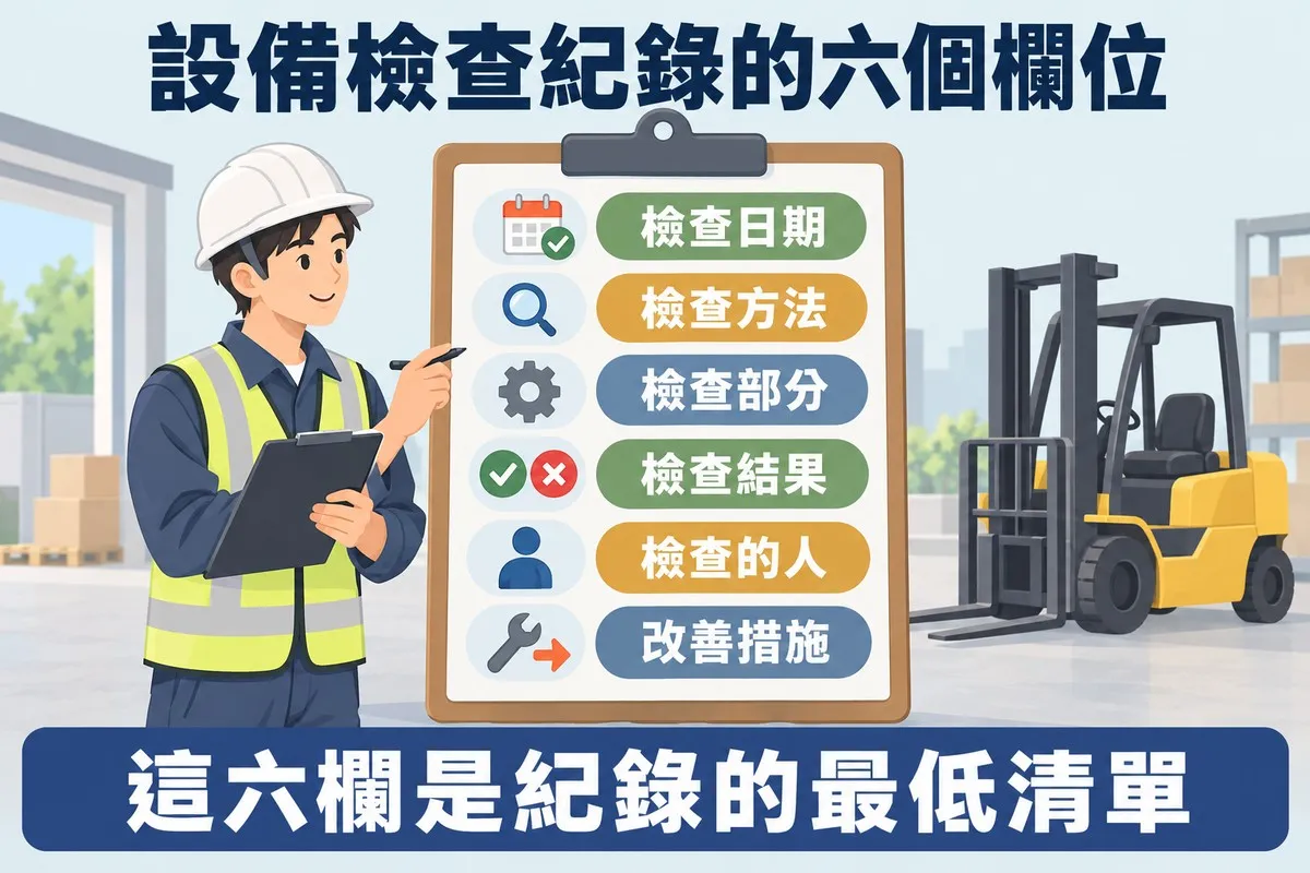 一塊大夾板上有六列欄位：檢查日期、檢查方法、檢查部分、檢查結果、檢查的人、改善措施，每列配一個小圖示，檢查員拿著筆站在旁邊，後方停著一台堆高機