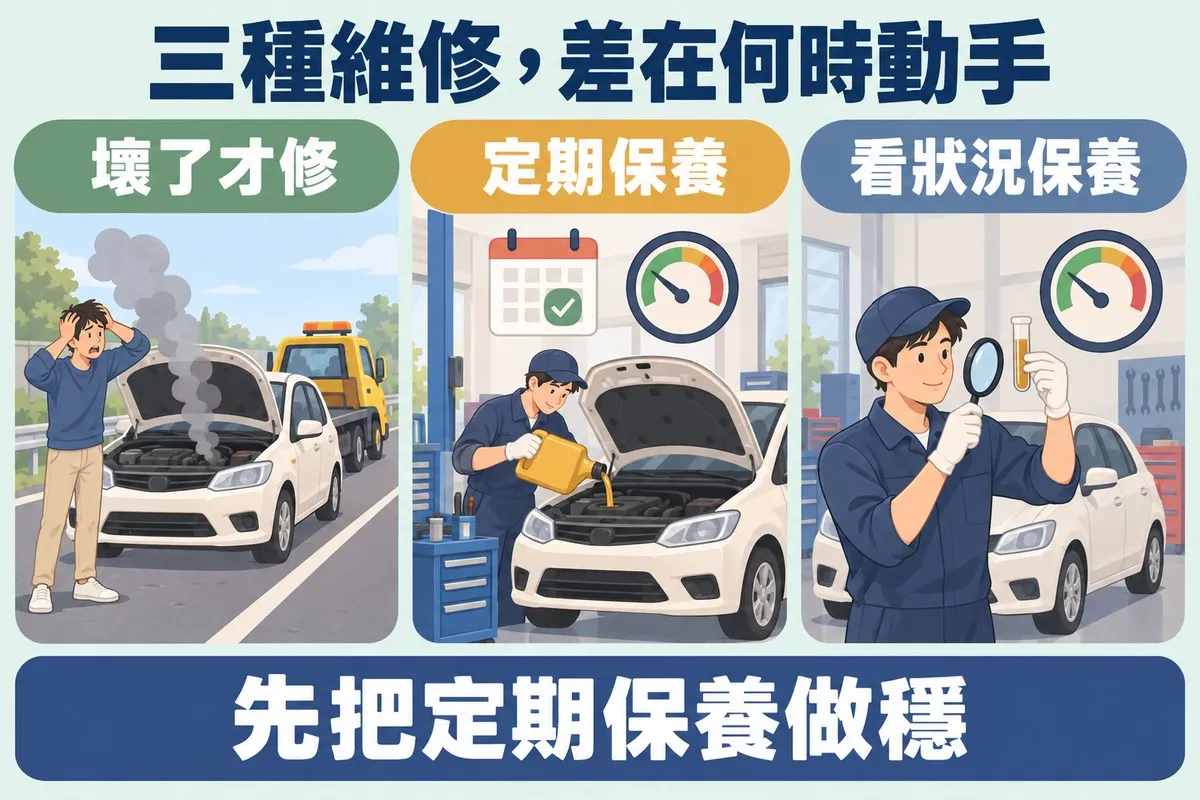 三張並排卡片：左邊汽車拋錨冒煙才叫拖吊、中間照時程到保養廠換機油、右邊技師拿試管檢驗機油狀況再決定，比喻壞了才修、定期保養與看狀況保養