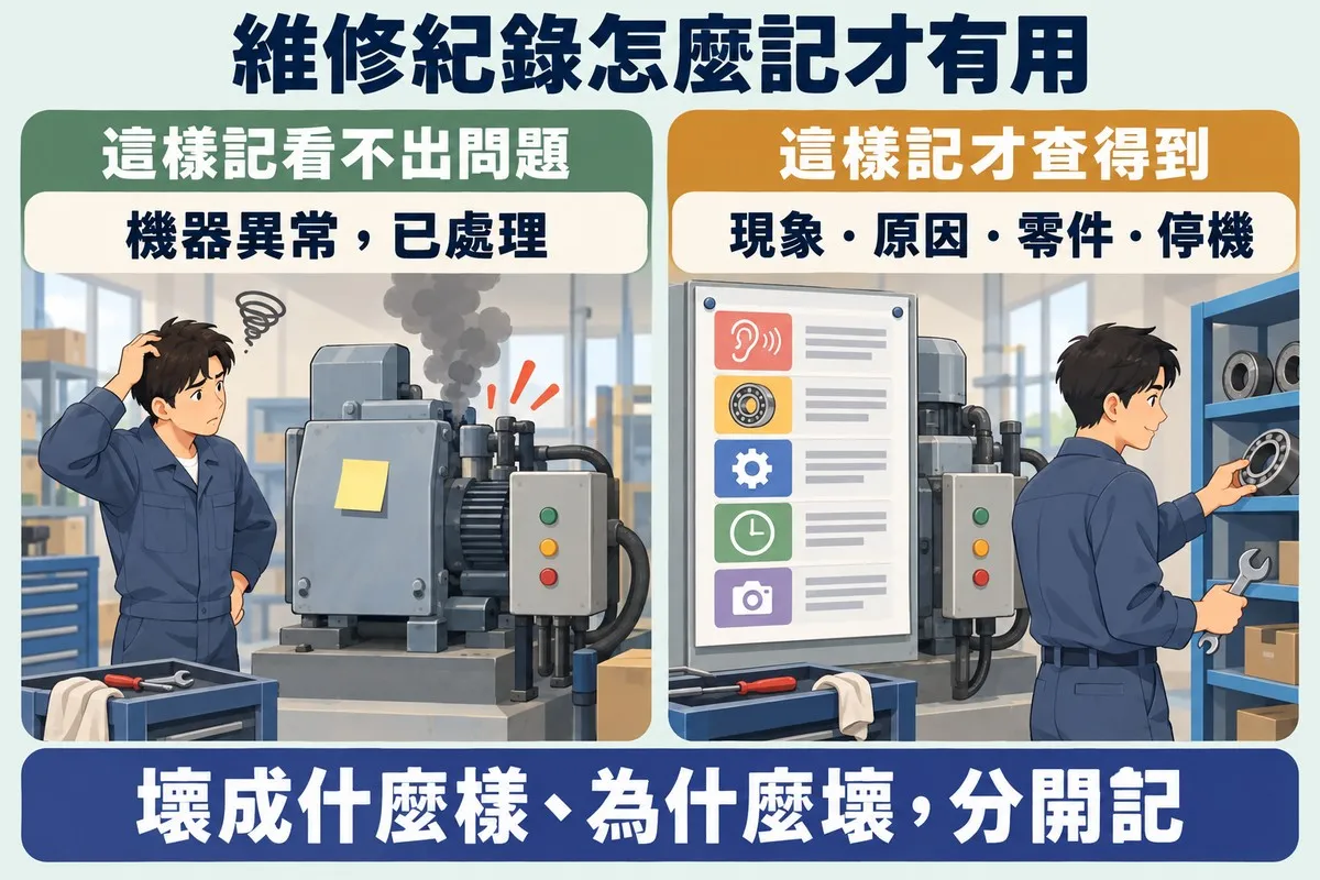 左右對照：左邊機器上只貼一張便條，技師看著又冒煙的機器抓頭；右邊同一台機器旁釘著分成五列的紀錄卡，技師看完直接拿扳手去修對的零件