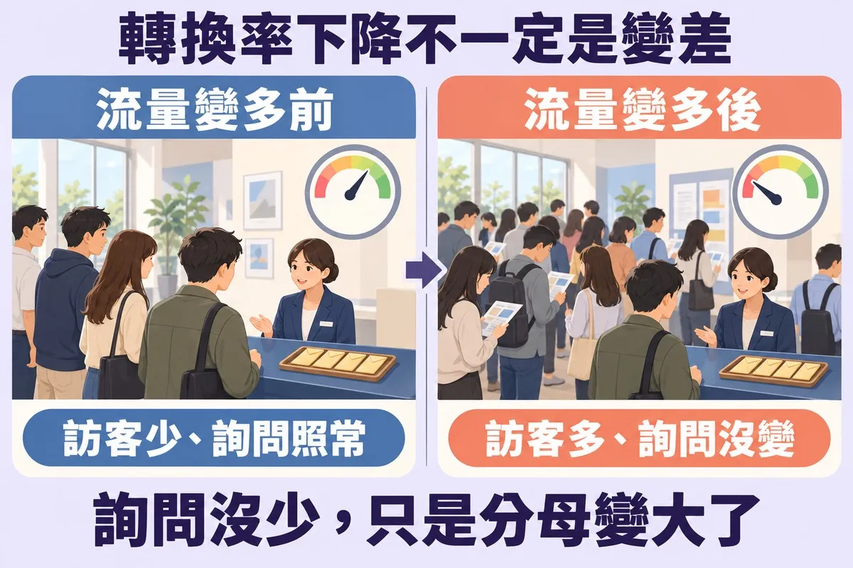 左邊服務台前只有幾位訪客，托盤上有四封詢問信，儀表指針偏高；右邊擠滿拿著資料的訪客，托盤上一樣是四封信，儀表指針掉到低處，寫著詢問沒少，只是分母變大了