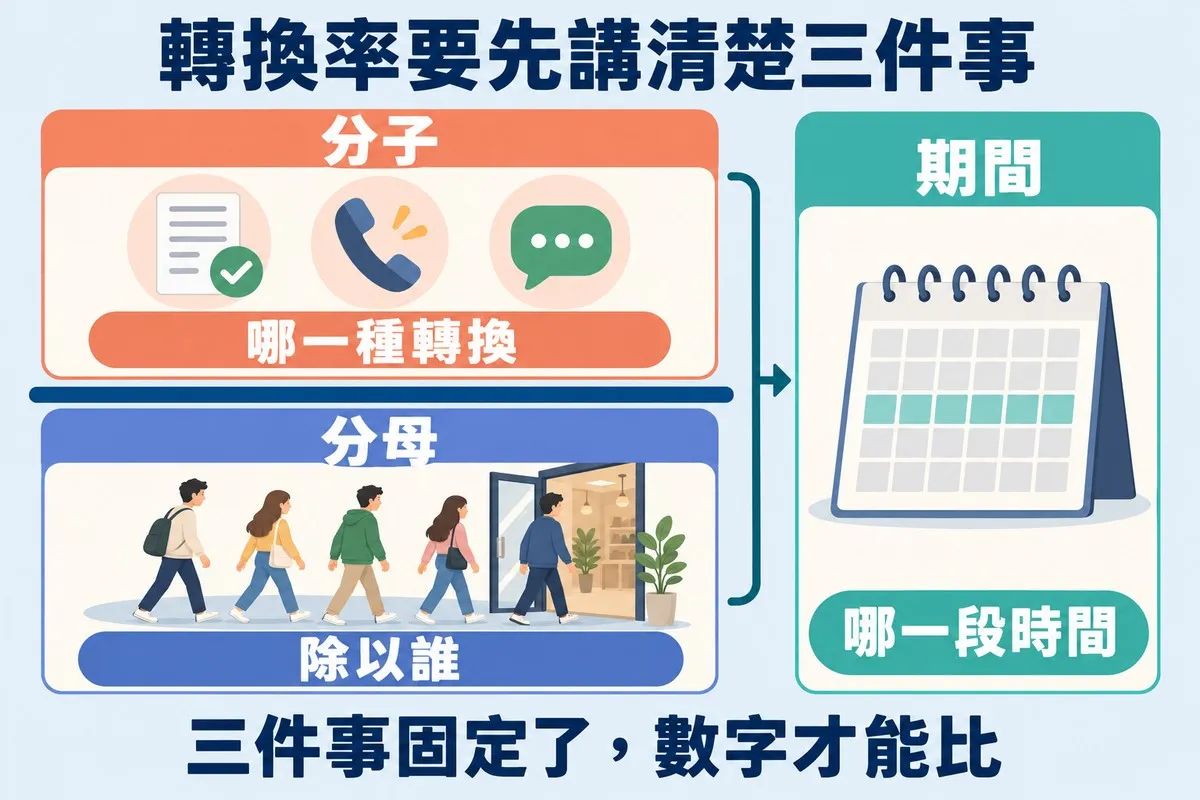 一個大分數：上面的卡片畫著表單、電話和對話泡泡，標示分子、哪一種轉換；橫線下面的卡片畫著走進門的訪客，標示分母、除以誰；右邊的卡片畫著月曆，標示期間、哪一段時間