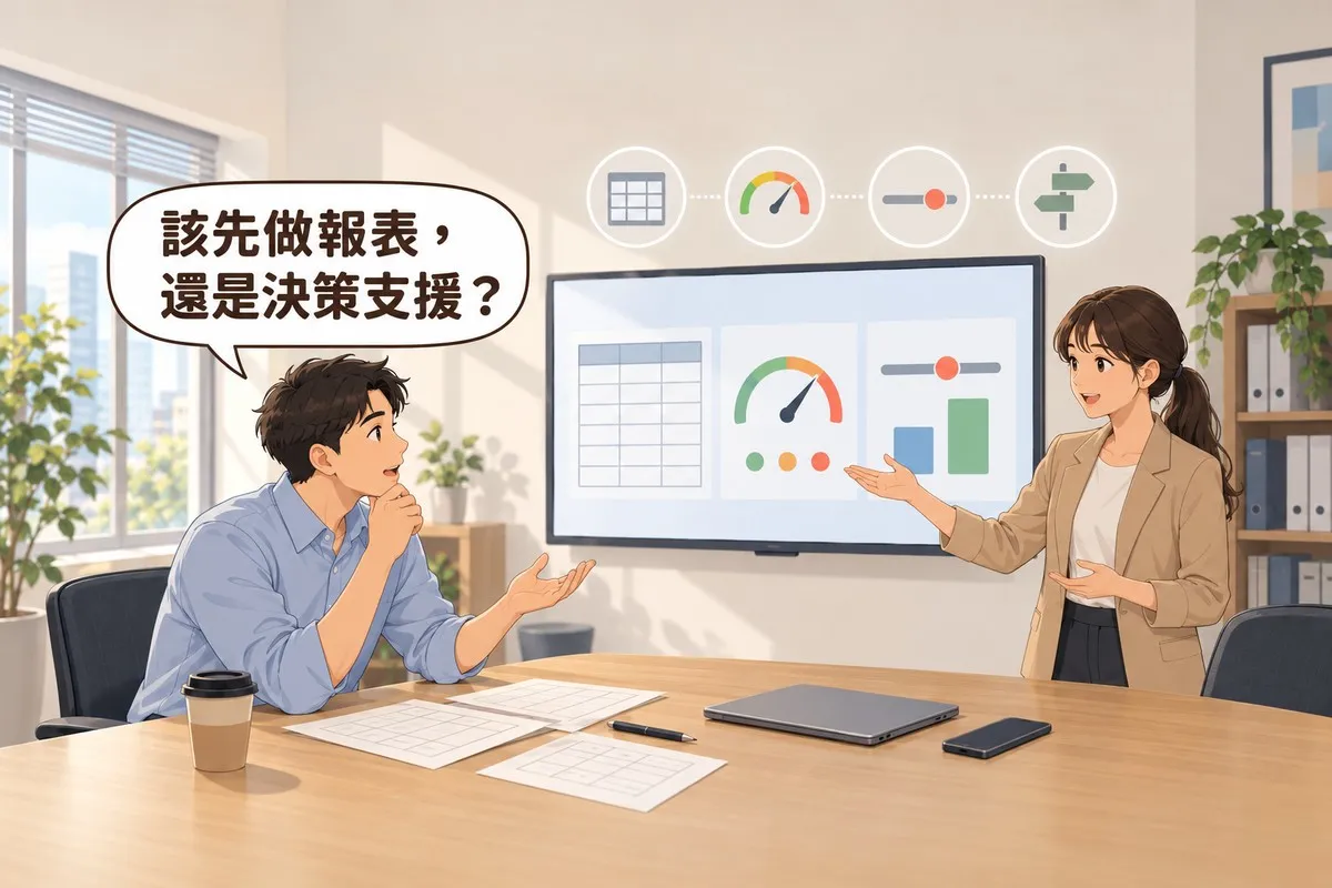 會議室裡，公司負責人坐在桌前攤開一隻手發問，站在牆上螢幕旁的工程師比著螢幕上的表格、儀表與滑桿；對話框寫著「該先做報表，還是決策支援？」