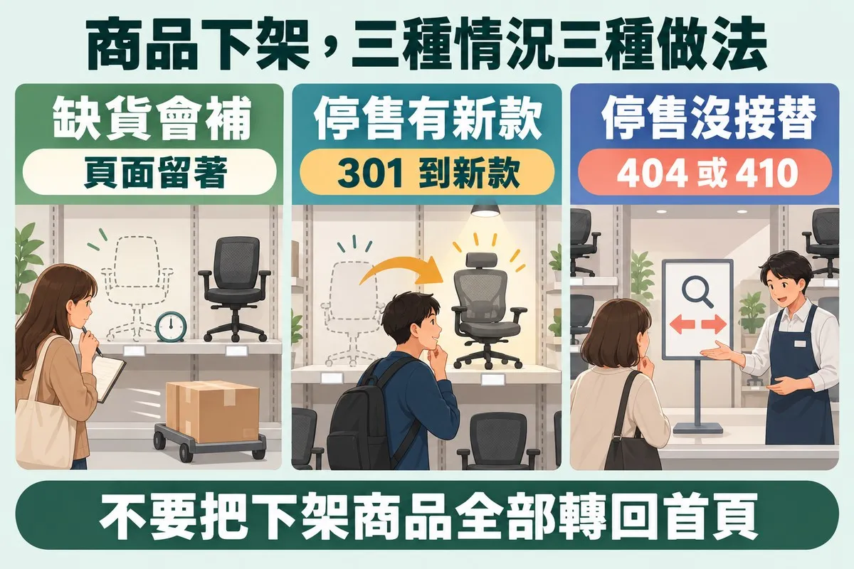 三格辦公椅陳列架:第一格椅子的位置只剩虛線輪廓和時鐘,一箱貨放在推車上,標示缺貨會補、頁面留著;第二格箭頭從舊椅子的輪廓指向打著燈的新款椅子,標示停售有新款、301 到新款;第三格店員指著有放大鏡的告示牌,標示停售沒接替、404 或 410
