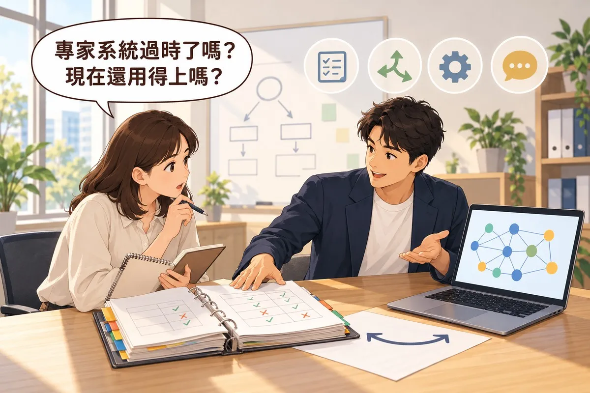 會議室裡工程顧問指著桌上一本厚厚的規則手冊和一台筆電，業主拿著筆記本發問，對話框寫著「專家系統過時了嗎？現在還用得上嗎？」