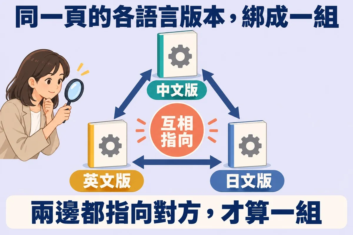 三本封面都是齒輪圖案的型錄排成三角形,下方標示中文版、英文版、日文版,每兩本之間都有雙向箭頭,中間的圓形徽章寫著互相指向,左邊有人拿放大鏡看