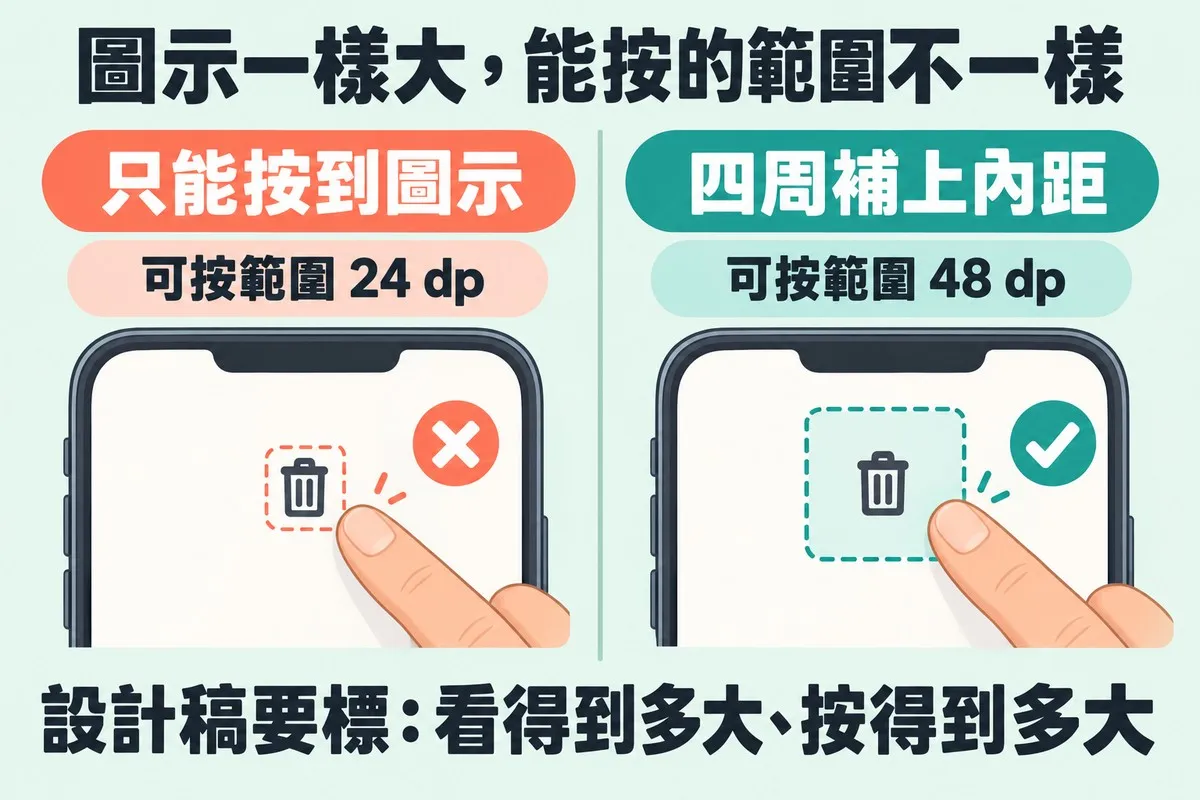 左右兩格都是手機畫面上一樣大的垃圾桶圖示，手指都落在圖示右下方：左邊的虛線框緊貼圖示，手指落在框外、旁邊打叉，標示只能按到圖示、可按範圍 24 dp；右邊的虛線框大很多，圖示四周多一圈淡綠色內距，手指落在框內、旁邊打勾，標示四周補上內距、可按範圍 48 dp