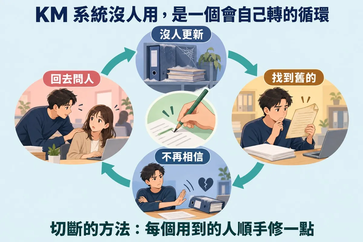 四個場景順時針圍成一圈並用箭頭相連：上方是架上積灰、結蜘蛛網的檔案夾，標示沒人更新；右邊是同事皺眉看著一張泛黃捲角的舊文件，標示找到舊的；下方是他雙手抱胸把檔案夾推開、旁邊有一顆破掉的心，標示不再相信；左邊是他走去拍正在打字的同事肩膀，標示回去問人；圓圈中央有一隻手拿鉛筆在文件上修改；底部寫著切斷的方法是每個用到的人順手修一點